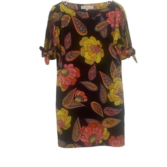 Trina Turk Vinet Escapade Mini Dress Navy Yellow Pink Floral Tie Sleeves Size 2 - Picture 1 of 9